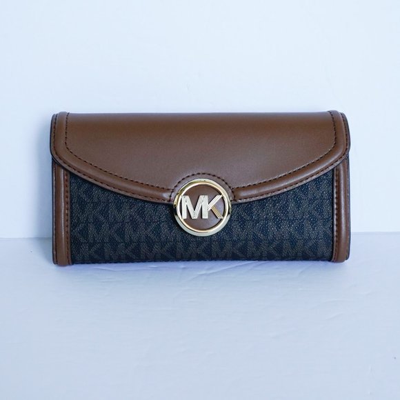 Michael Kors Fulton LG Flap PVC Wallet MK Brown - Picture 1 of 7